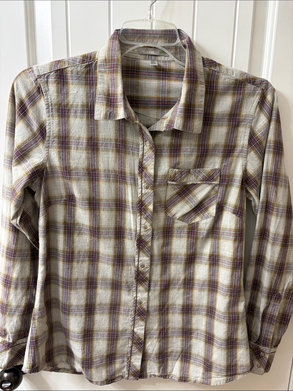 Horny Toad Women’s Plaid Button-Down Shirt in Beige, Purple and Brown - Size M